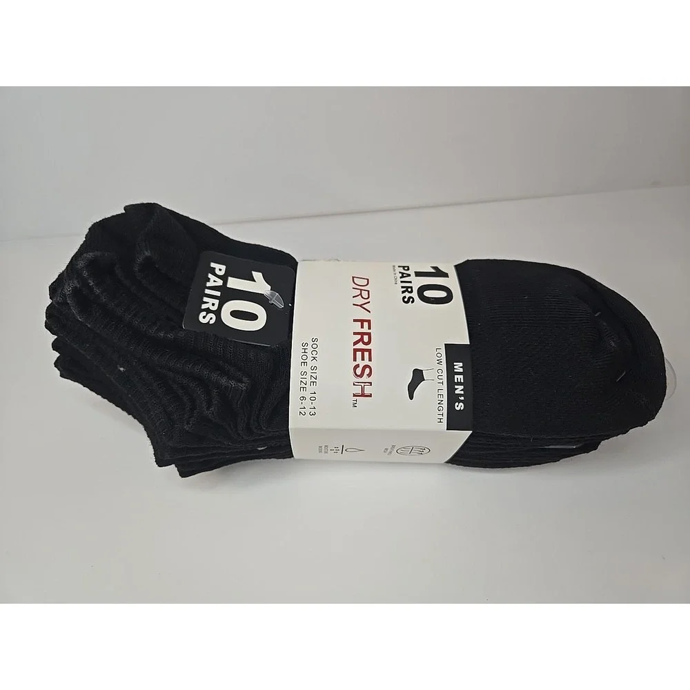 Dry Fresh Socks Men's Quarter Length Size 6-12 Black 10 Pairs New